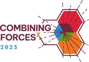 Logo for 2023 Forum conference reads "Combining Forces (x) 2023" with multicolored hexagons and connecting lines